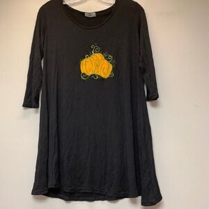 VLD Tunic Top Womens Small Black Excellent Pumpkin Embroidered Fall 3/4 Sleeve